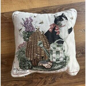 Vtg Tapestry Cat Lover ButterflyBees Spring Pillow! Adrienne Samuelson! 12” X12”